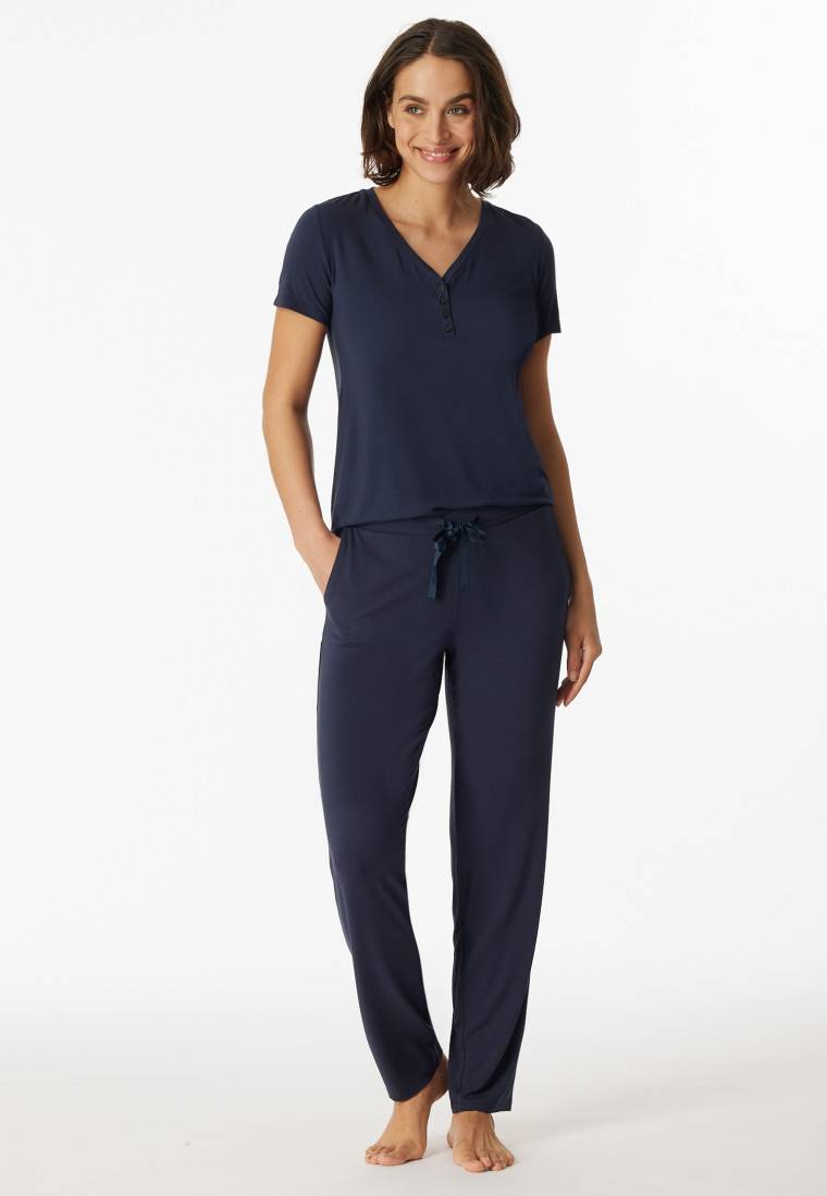 Schiesser Shirt kurzarm Henley Knopfleiste blau - Mix+Relax