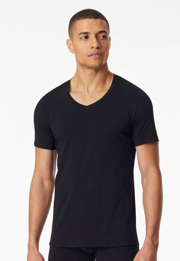 Schiesser Shirt kurzarm V-Ausschnitt schwarz - Premium Cotton Auslauf