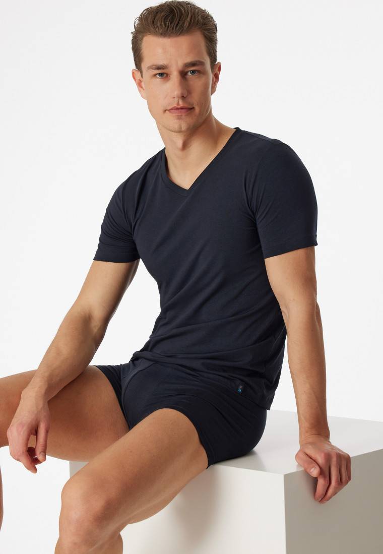 Schiesser Shirt kurzarm Jersey elastisch V-Ausschnitt blauschwarz - Long Life Soft