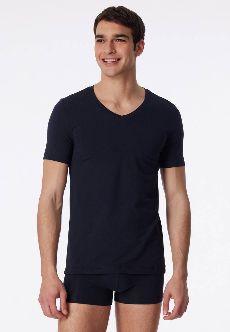 Schiesser Shirt kurzarm Jersey elastisch V-Ausschnitt blauschwarz - Long Life Soft Fabrik Onlineshop