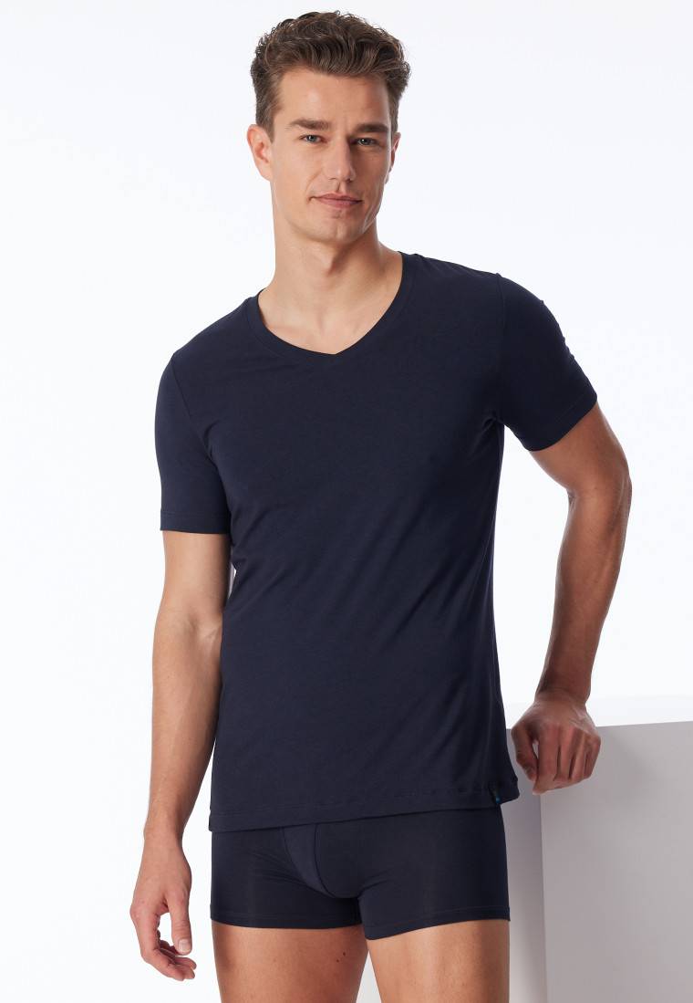 Schiesser Shirt kurzarm Jersey elastisch V-Ausschnitt blauschwarz - Long Life Soft Fabrik Onlineshop
