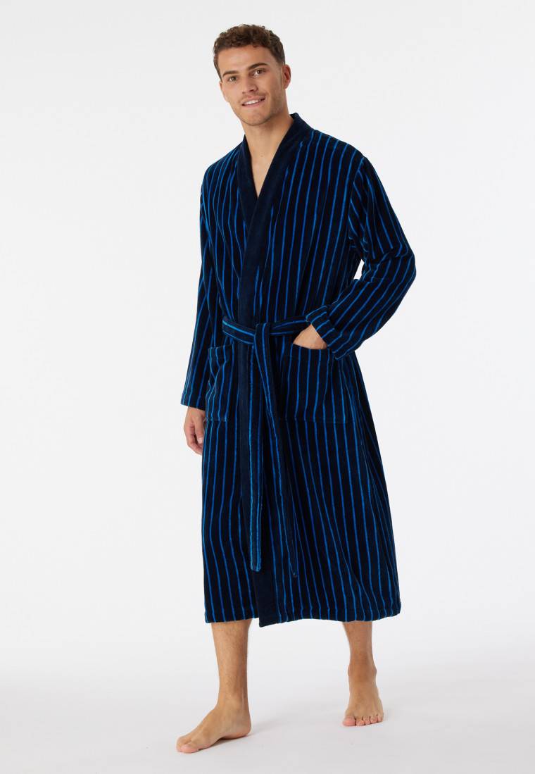 Schiesser Bademantel Softvelours dunkelblau gestreift - Essentials