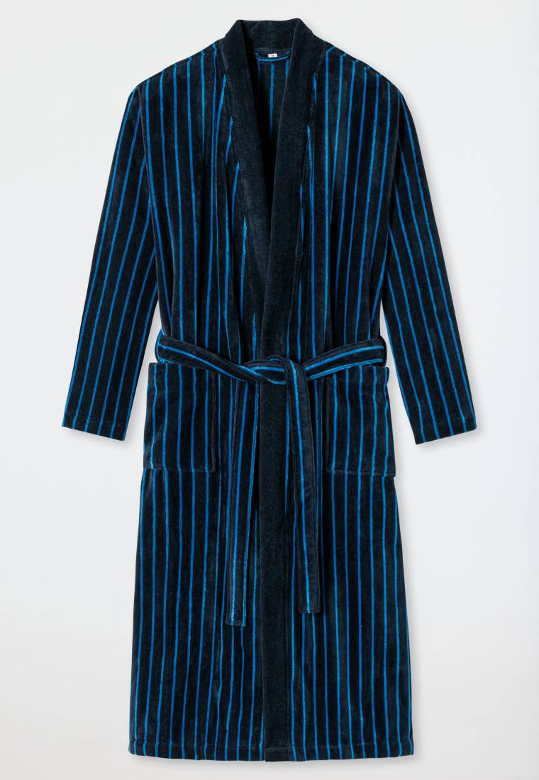 Schiesser Bademantel Softvelours dunkelblau gestreift - Essentials Fabrik Onlineshop