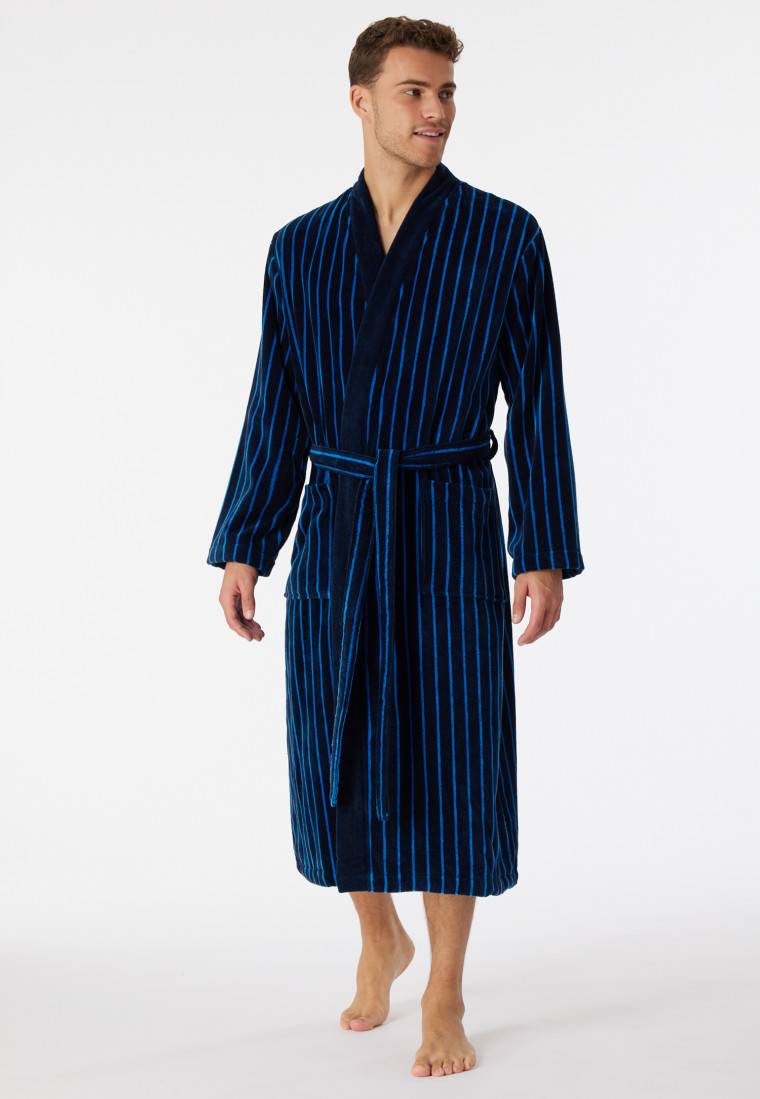 Schiesser Bademantel Softvelours dunkelblau gestreift - Essentials Fabrik Onlineshop