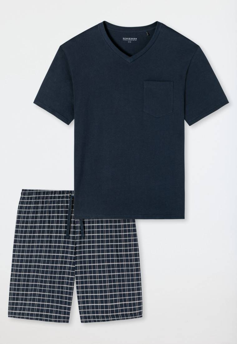 Schiesser Schlafanzug kurz Jersey V-Ausschnitt blau - Ebony Letzte 3 Tage