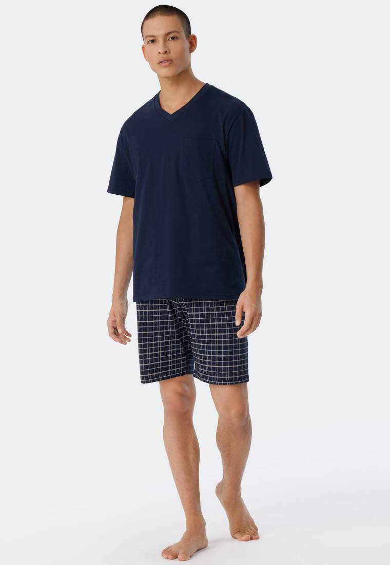 Schiesser Schlafanzug kurz Jersey V-Ausschnitt blau - Ebony Letzte 3 Tage