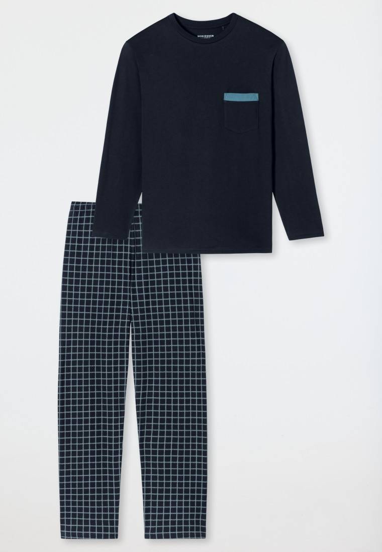 Schiesser Schlafanzug lang Organic Cotton Karos nachtblau - Comfort Nightwear JETZT KAUFEN
