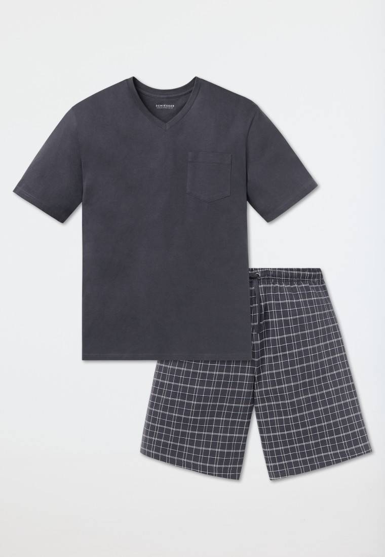 Schiesser Schlafanzug kurz Jersey V-Ausschnitt grau - Ebony Letzte 2 Tage