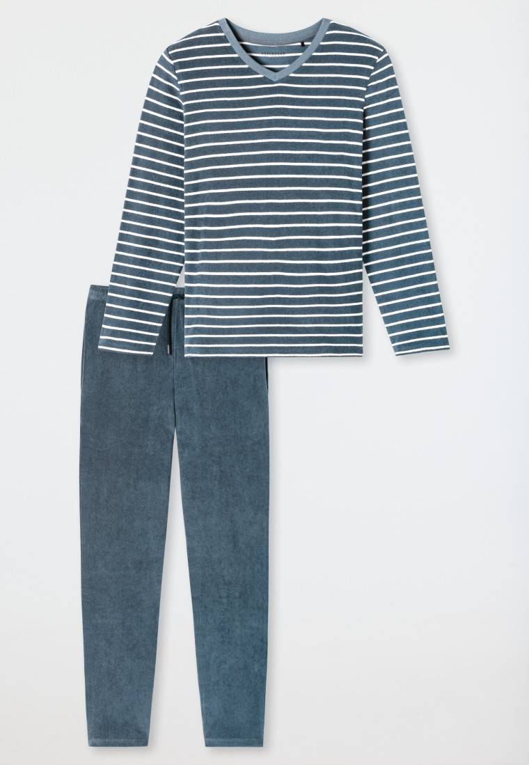 Schiesser Schlafanzug lang Frottee Streifen jeansblau - Casual Nightwear Nur für heute