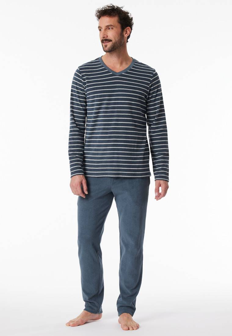 Schiesser Schlafanzug lang Frottee Streifen jeansblau - Casual Nightwear Nur für heute