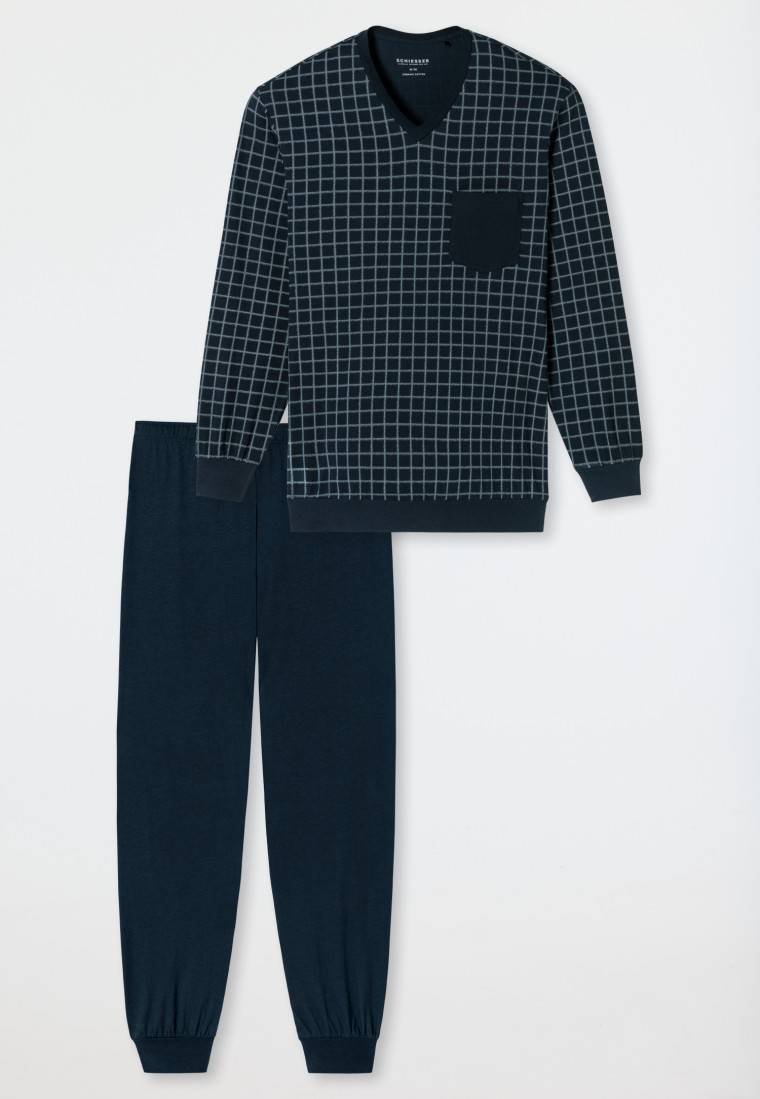 Schiesser Schlafanzug lang Bündchen jeansblau kariert - Comfort Nightwear 50% Rabatt mit kostenlosem Versand