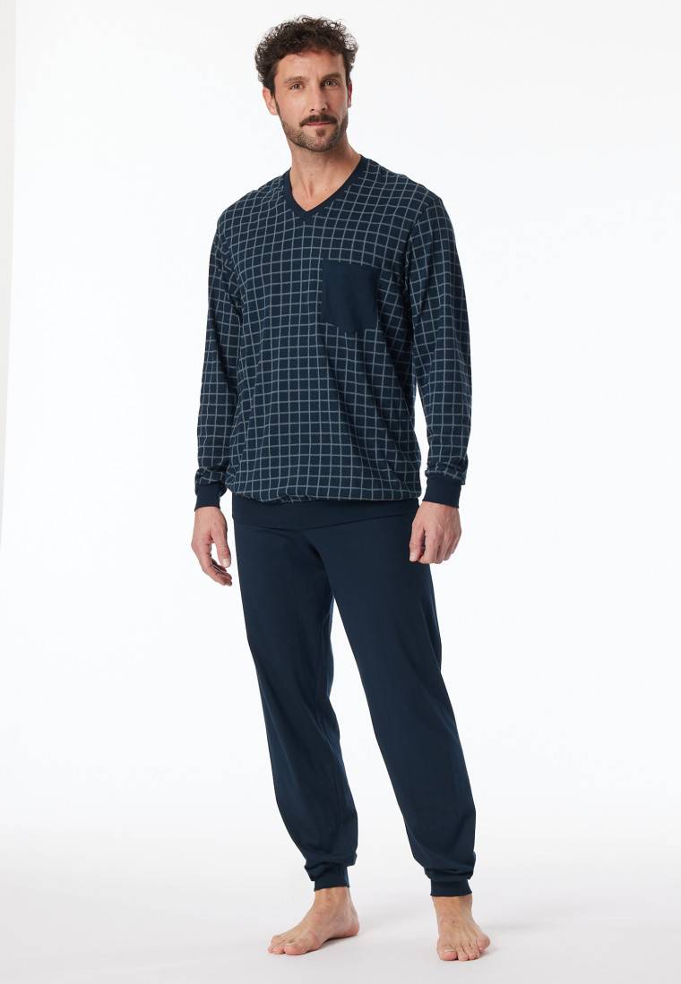 Schiesser Schlafanzug lang Bündchen jeansblau kariert - Comfort Nightwear 50% Rabatt mit kostenlosem Versand