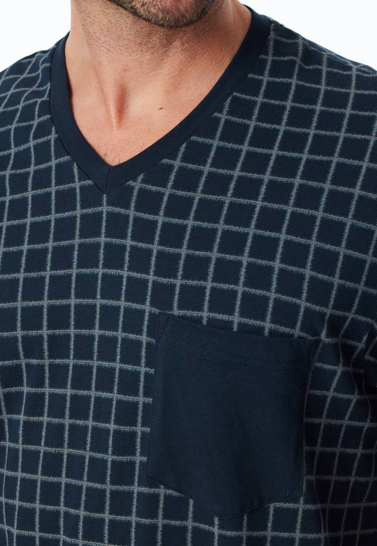 Schiesser Schlafanzug lang Bündchen jeansblau kariert - Comfort Nightwear 50% Rabatt mit kostenlosem Versand
