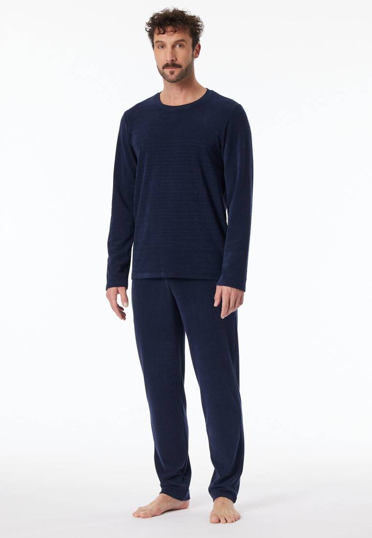 Schiesser Schlafanzug lang Frottee Streifen petrol - Casual Nightwear Clearance-Verkauf