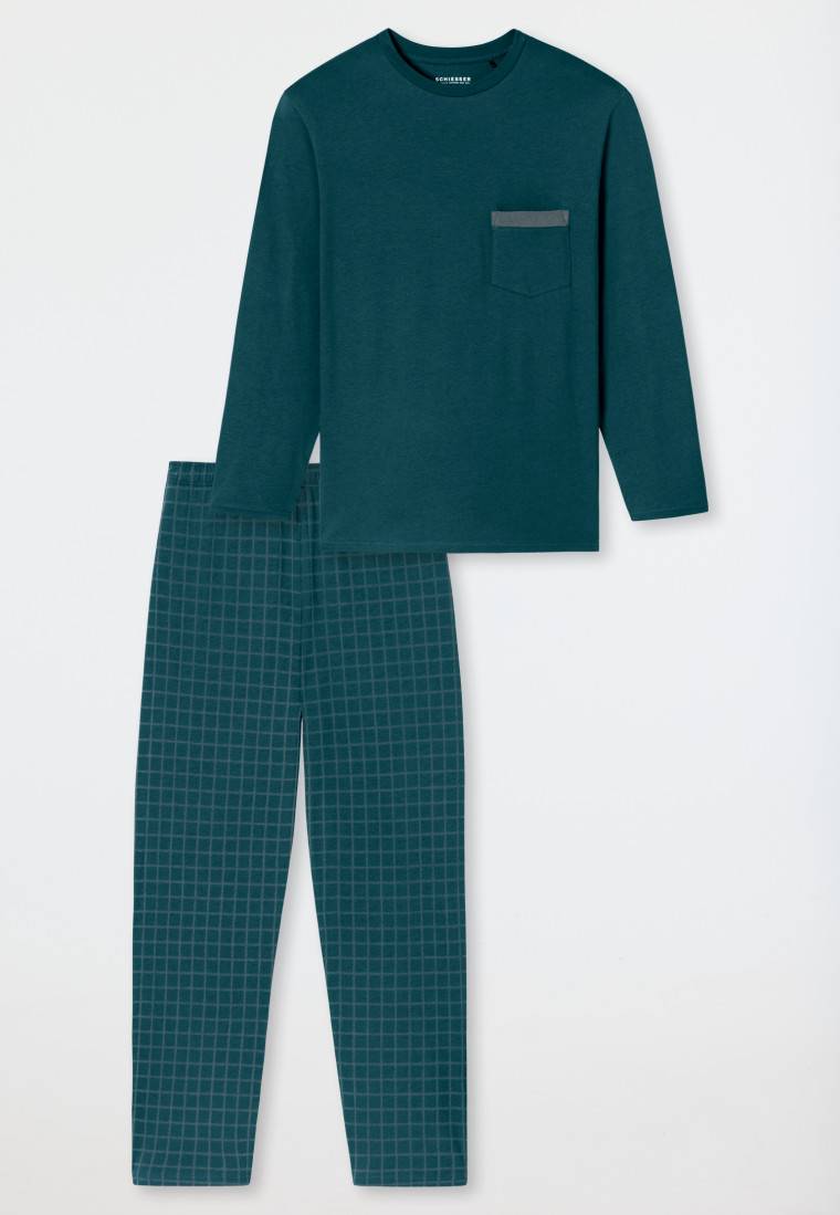 Schiesser Schlafanzug lang Organic Cotton Karos petrol - Comfort Nightwear Begrenzt auf 3 Tage