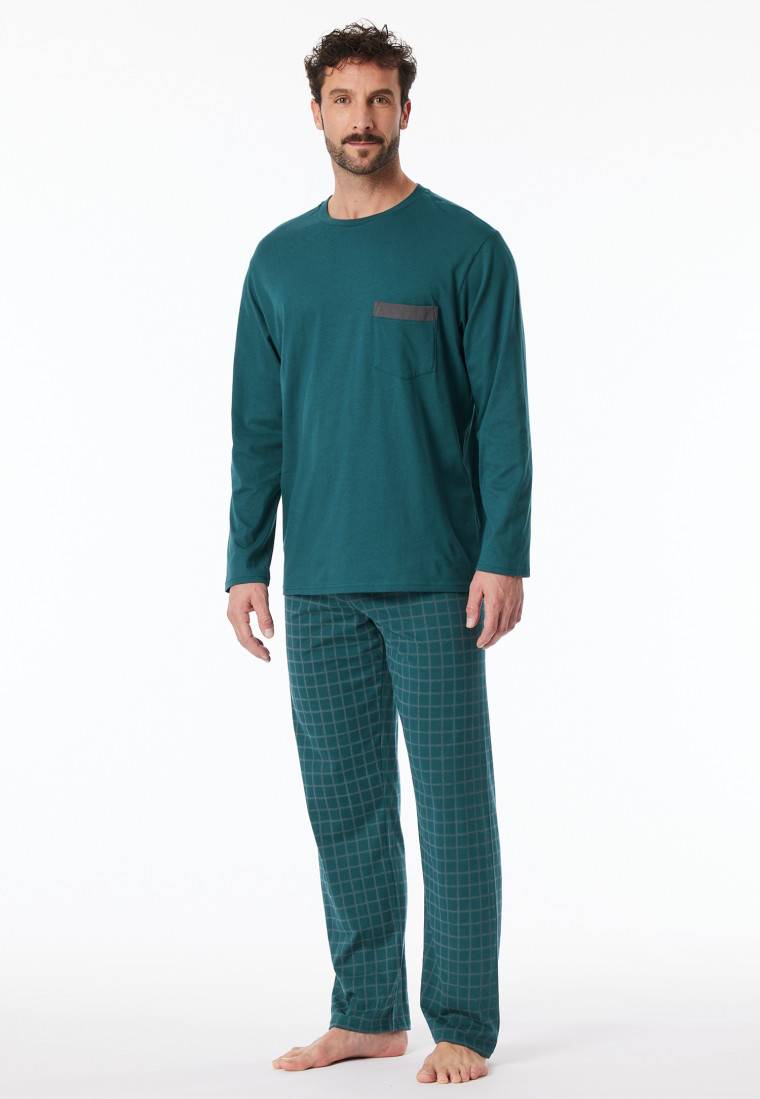 Schiesser Schlafanzug lang Organic Cotton Karos petrol - Comfort Nightwear Begrenzt auf 3 Tage