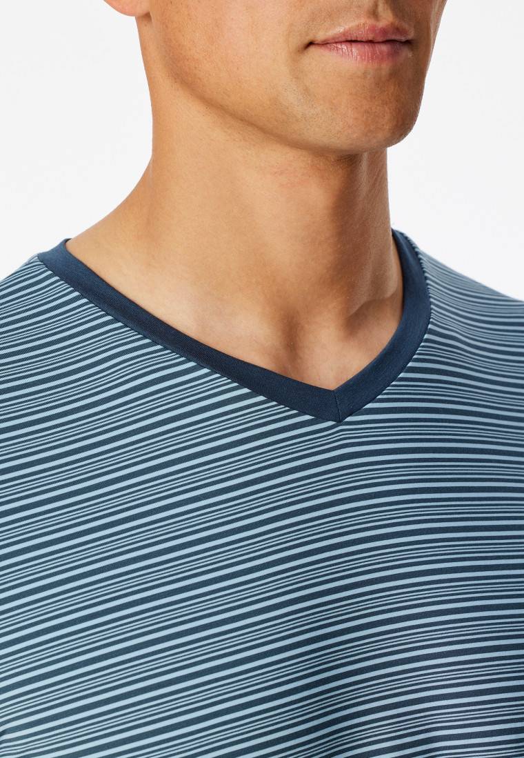 Schiesser Schlafanzug kurz Ringel V-Ausschnitt jeansblau - Long Life Soft Black Friday Preise