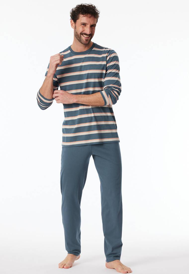 Schiesser Schlafanzug lang Streifen jeansblau - Casual Nightwear Online