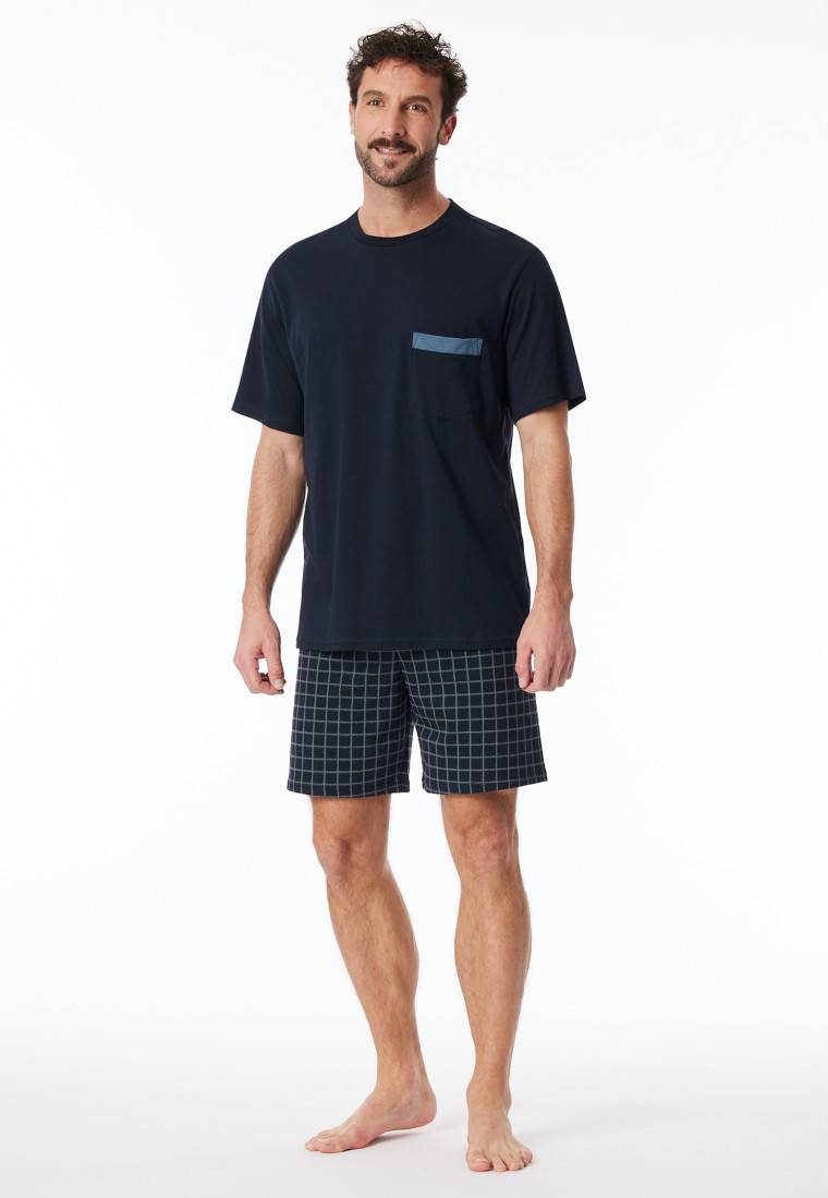 Schiesser Schlafanzug kurz Organic Cotton Karos nachtblau - Comfort Nightwear Outlet