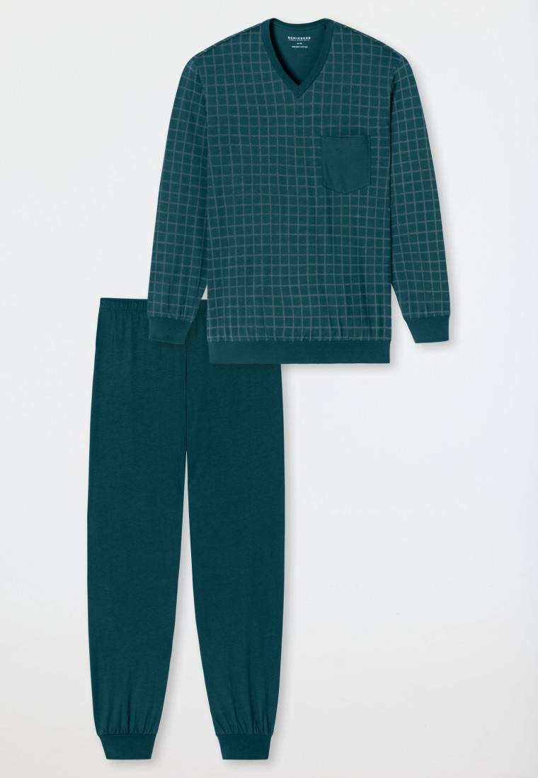 Schiesser Schlafanzug lang Bündchen petrol kariert - Comfort Nightwear Meist gekauft