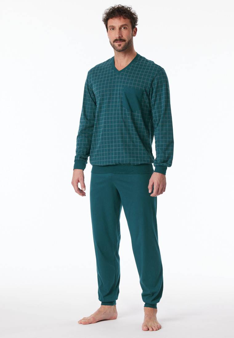 Schiesser Schlafanzug lang Bündchen petrol kariert - Comfort Nightwear Meist gekauft