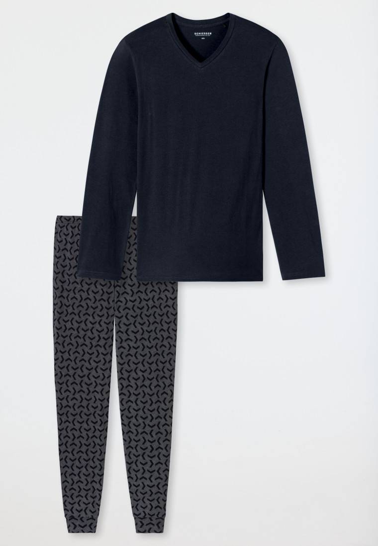 Schiesser Schlafanzug lang Bündchen nachtblau - Casual Essentials Fabrik Onlineshop