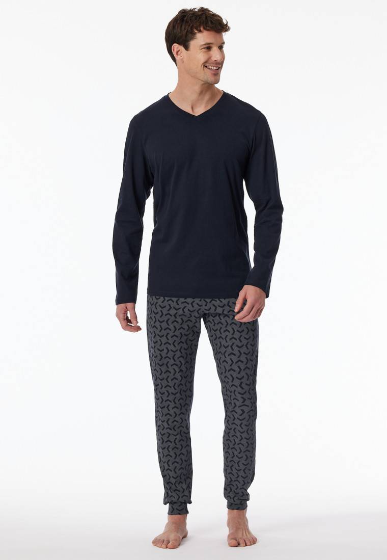 Schiesser Schlafanzug lang Bündchen nachtblau - Casual Essentials Fabrik Onlineshop