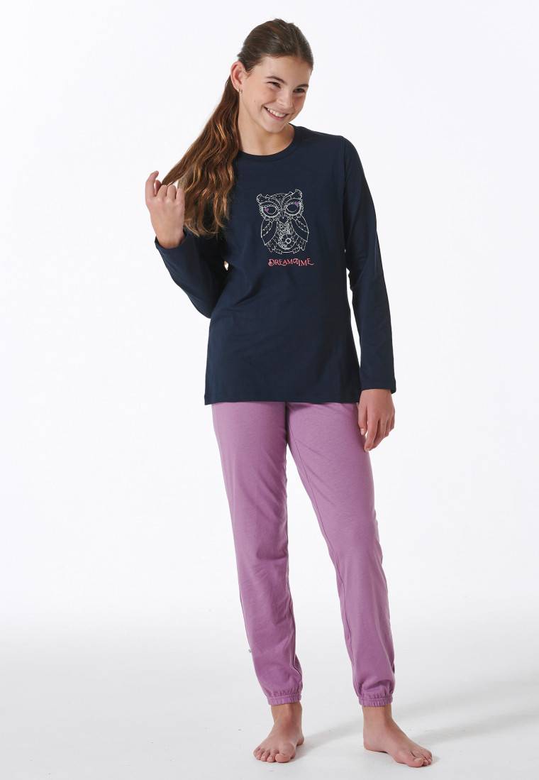 Schiesser Schlafanzug lang Bündchen Eule nachtblau - Nightwear Online