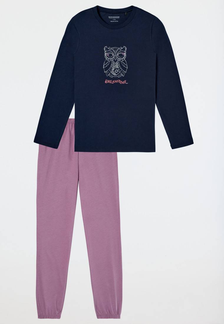 Schiesser Schlafanzug lang Bündchen Eule nachtblau - Nightwear Online