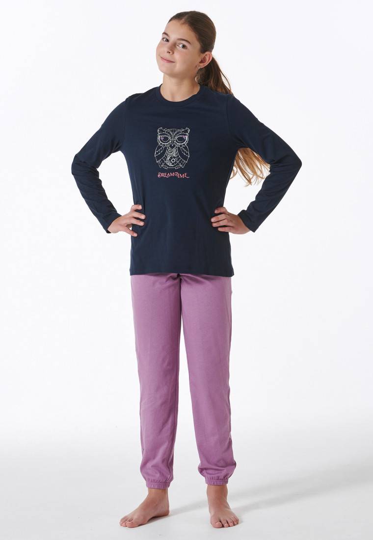 Schiesser Schlafanzug lang Bündchen Eule nachtblau - Nightwear Online