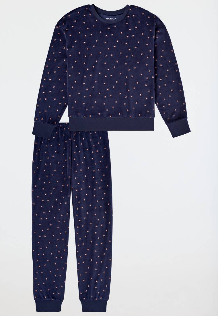 Schiesser Schlafanzug lang Velour Sterne nachtblau - Nightwear Outlet