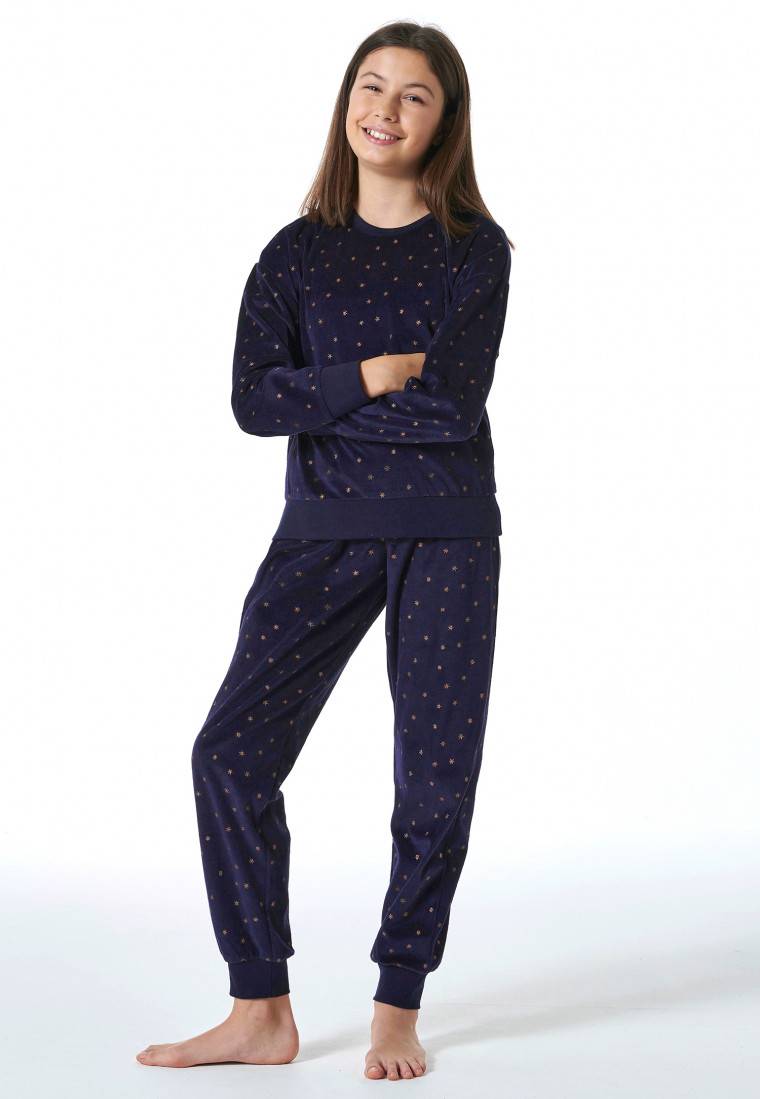 Schiesser Schlafanzug lang Velour Sterne nachtblau - Nightwear Outlet