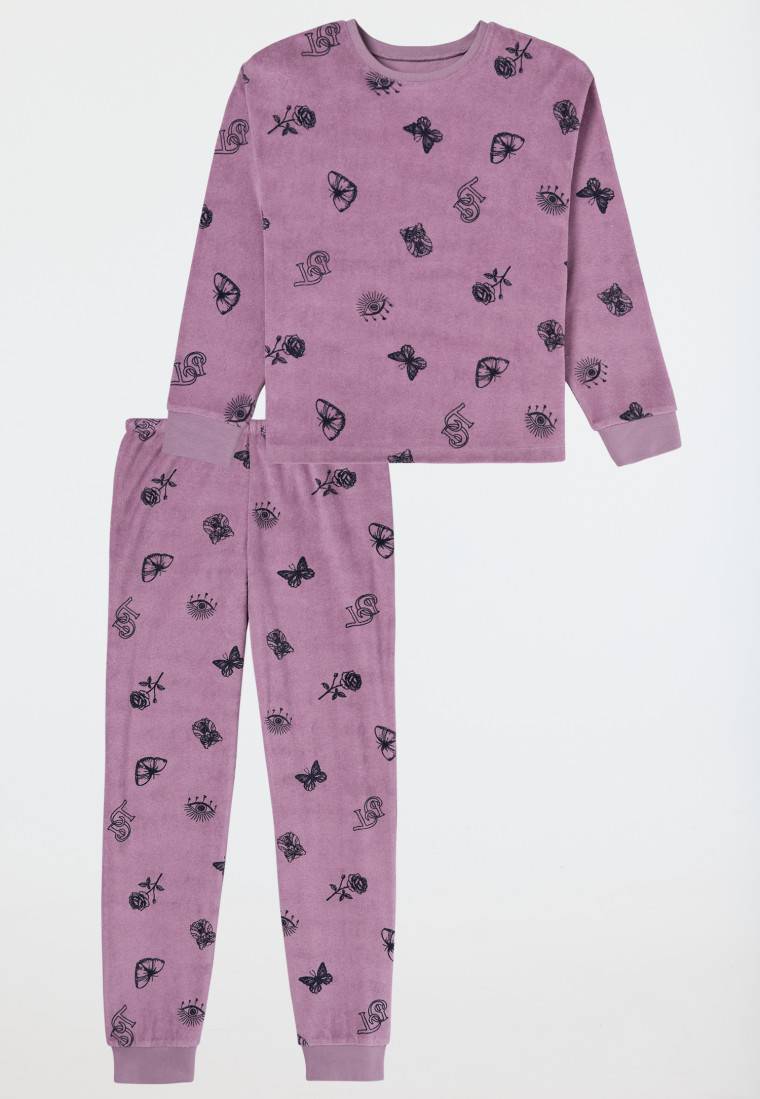 Schiesser Schlafanzug lang Frottee Bündchen Schmetterlinge mauve - Nightwear im Angebot