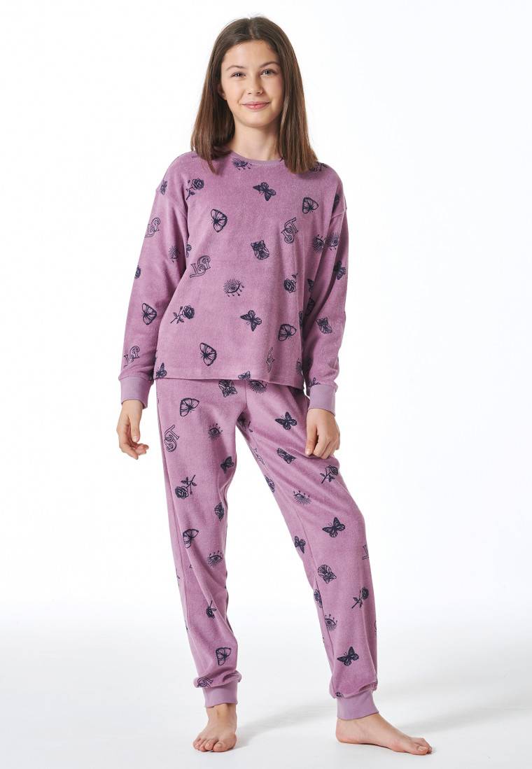 Schiesser Schlafanzug lang Frottee Bündchen Schmetterlinge mauve - Nightwear im Angebot