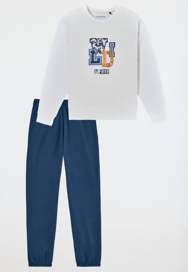 Schiesser Schlafanzug lang Sweatware Bündchen off-white - Nightwear Fabrikverkauf