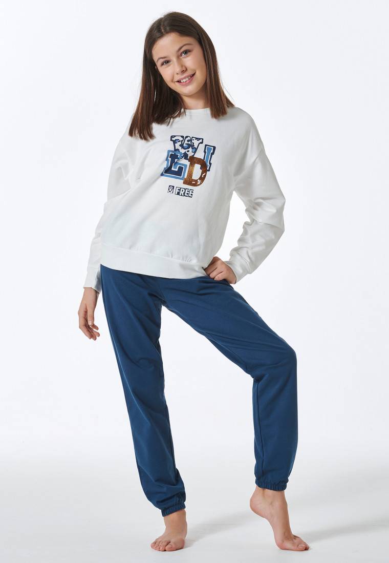 Schiesser Schlafanzug lang Sweatware Bündchen off-white - Nightwear Fabrikverkauf