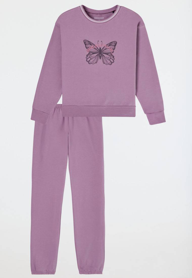 Schiesser Schlafanzug lang Sweatwear Bündchen mauve - Nightwear Fabrik Onlineshop