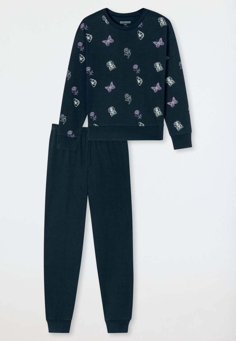 Schiesser Schlafanzug lang Interlock Bündchen Traummotive nachtblau - Nightwear Sonderangebot