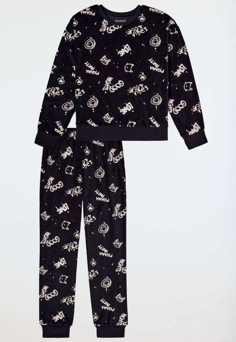 Schiesser Schlafanzug lang Velour Graffiti schwarz - Nightwear Versandkostenfrei