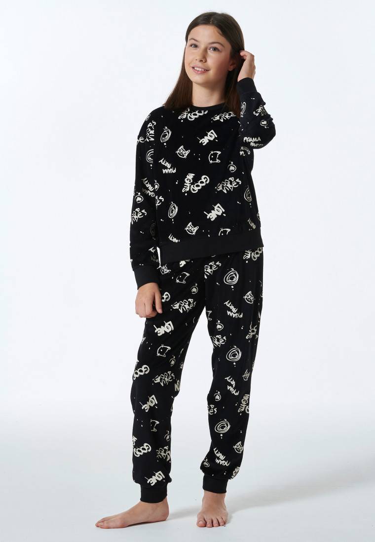 Schiesser Schlafanzug lang Velour Graffiti schwarz - Nightwear Versandkostenfrei