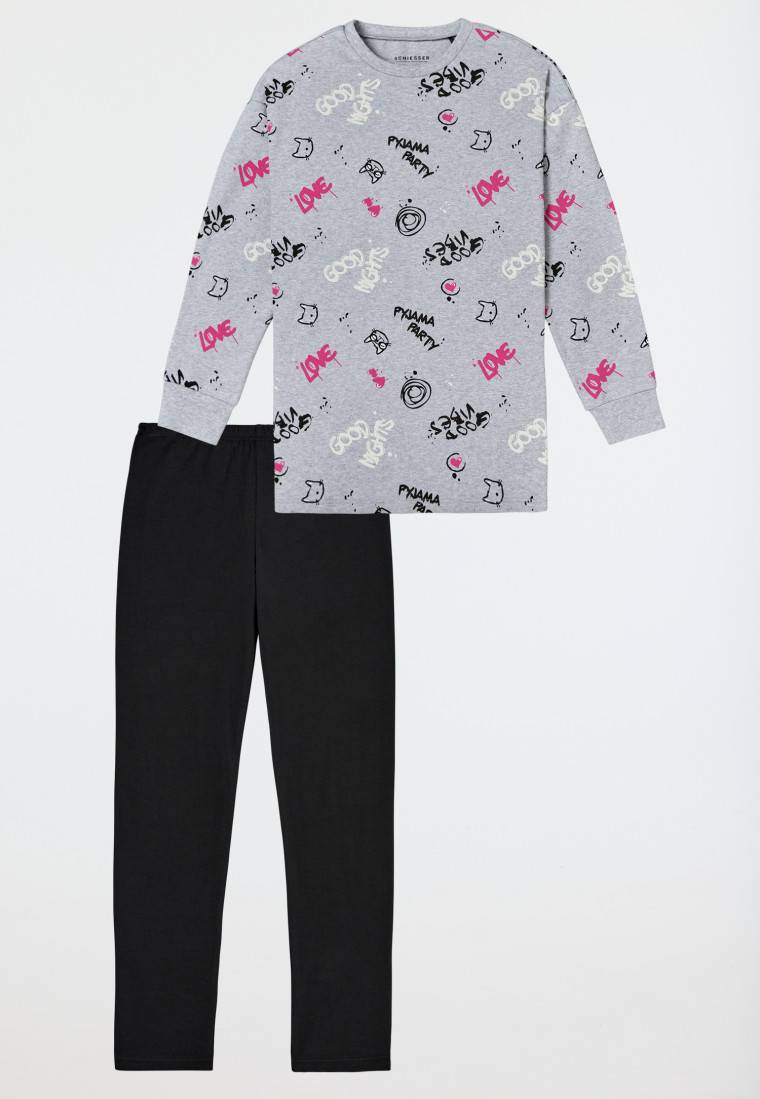 Schiesser Schlafanzug lang Interlock Shirt mit Leggings Graffiti grau-meliert - Nightwear Exklusivangebot