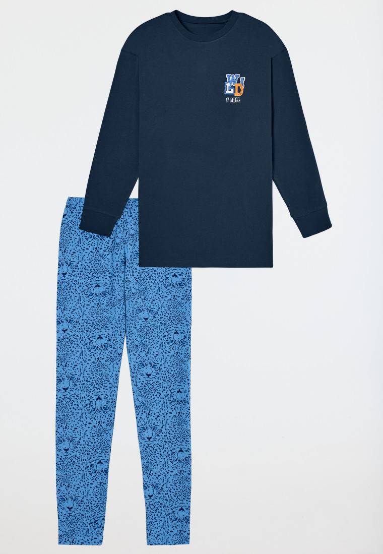 Schiesser Schlafanzug lang mit Leopardenmuster blau - Nightwear Saisonschlussverkauf