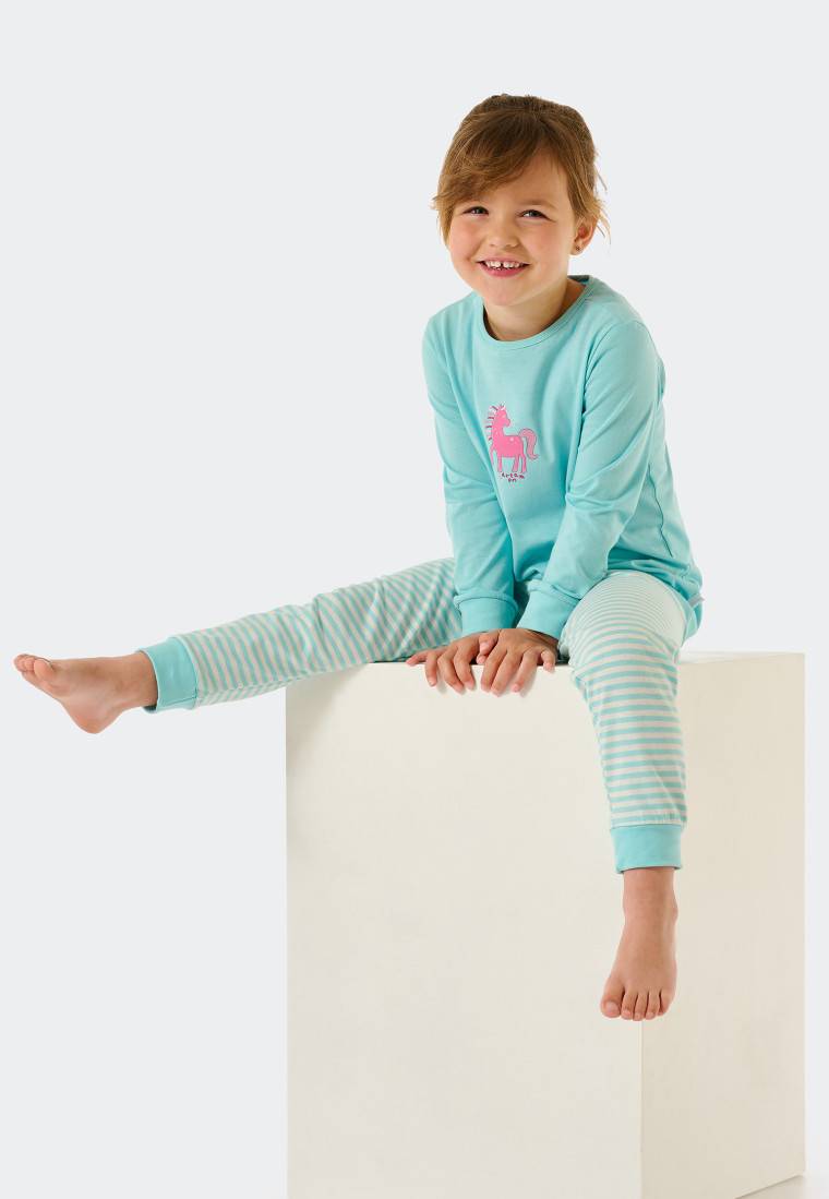 Schiesser Schlafanzug lang Organic Cotton Bündchen Pferd Ringel türkis - Nightwear