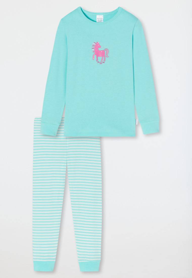 Schiesser Schlafanzug lang Organic Cotton Bündchen Pferd Ringel türkis - Nightwear Top Angebot