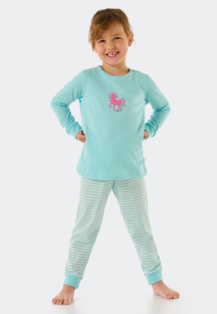 Schiesser Schlafanzug lang Organic Cotton Bündchen Pferd Ringel türkis - Nightwear Top Angebot