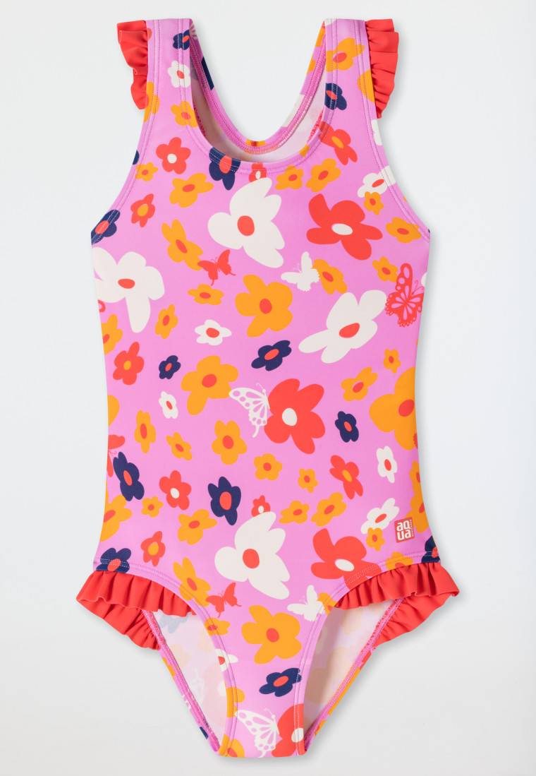 Schiesser Badeanzug Wirkware Blumen Schmetterlinge Rüschen rosa - Aqua Kids Girls Räumungsverkauf