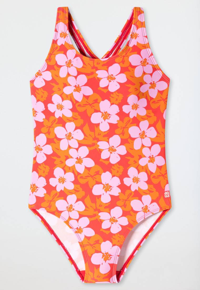 Schiesser Badeanzug Wirkware recycelt LSF40+ Racerback Blumen rot - Aqua Teen Girls Kostenlose Rückgabe