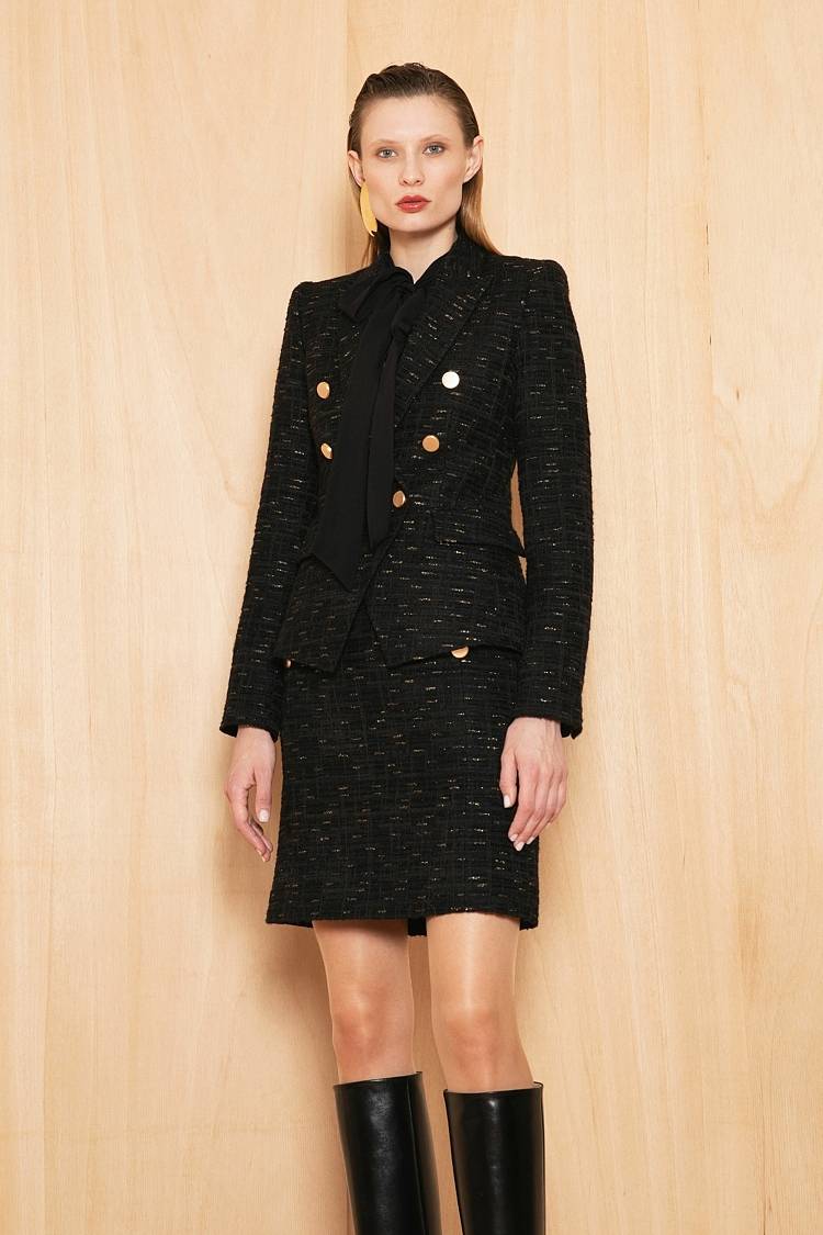 Sly 010 Doppelreihiger Tweed-Blazer mit Goldknöpfen Kostenloser Versand