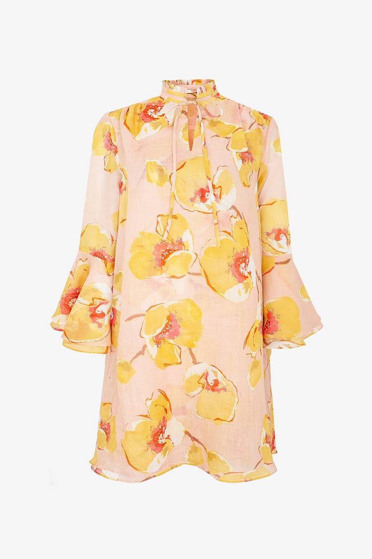 Sly 010 Knielanges Kleid aus Ramie mit Blumen-Print zollfrei