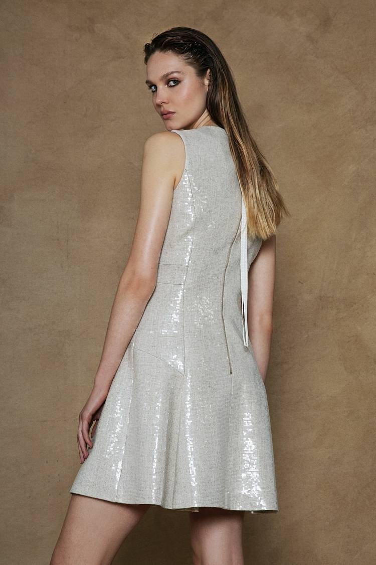 Sly 010 Ärmelloses Pailettenkleid aus Viskose-Leinen-Mix Vatertagsangebot